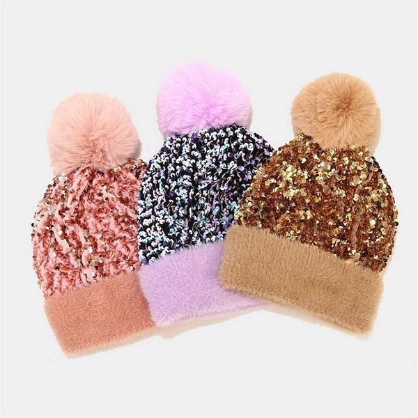 Beanie / Skull Caps Marca Inverno Gorros Chapéu Luxo Bing Lantejoulas Skullies Feminino Fur Pompom Chapéu Bonnet Caps 211119 x0922