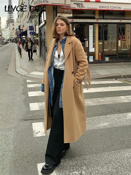 Mulheres misturas moda borla longo inverno trench coat elegante manga completa feminino blusão 2023 outono turn down colarinho senhoras casacos 230922