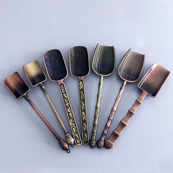 Colheres de chá retro cobre chinês colheres vintage bronze colher folhas pá kongfu ferramentas acessórios