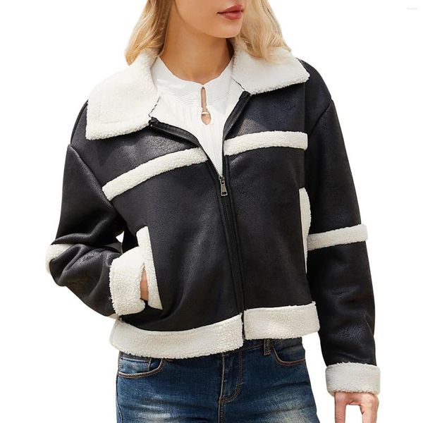 Suéteres femininos casaco de inverno lapela gola manga longa acolchoado couro velo jaqueta com capuz mulheres e jaquetas jeans simples para