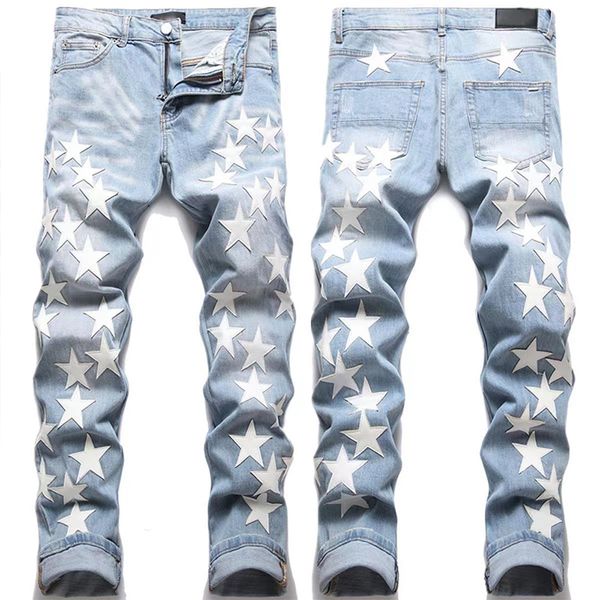 Jeans da uomo per uomo Pu Leather Stars Hip Hop Appliques Pantaloni Pantaloni a matita Stile Moda Slim Fit High Street Denim Maschio 230921