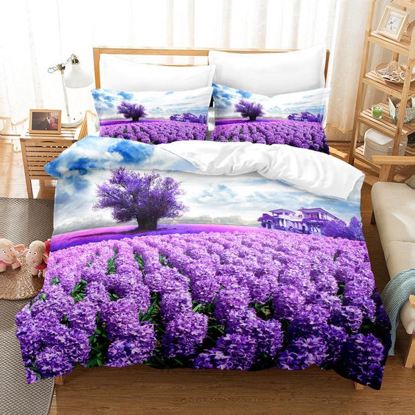 Conjuntos de cama Roxo Conjunto Flores Duveta Capa Poliéster Quilt 3D Consolador Lavanda Borboleta Duplo Rei Rainha Twin Único 230921