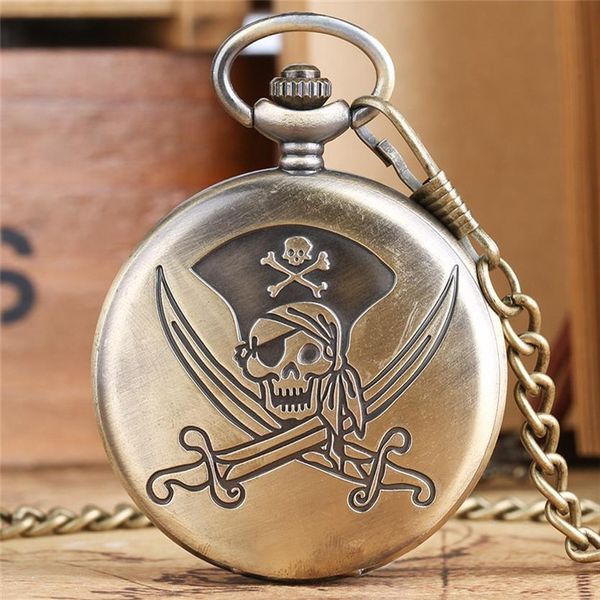 Бронзовые классические карманные часы «Пираты черепа» в стиле стимпанк, кварцевые часы, ожерелье, цепочка, подарки, мужские и женские Kids302e