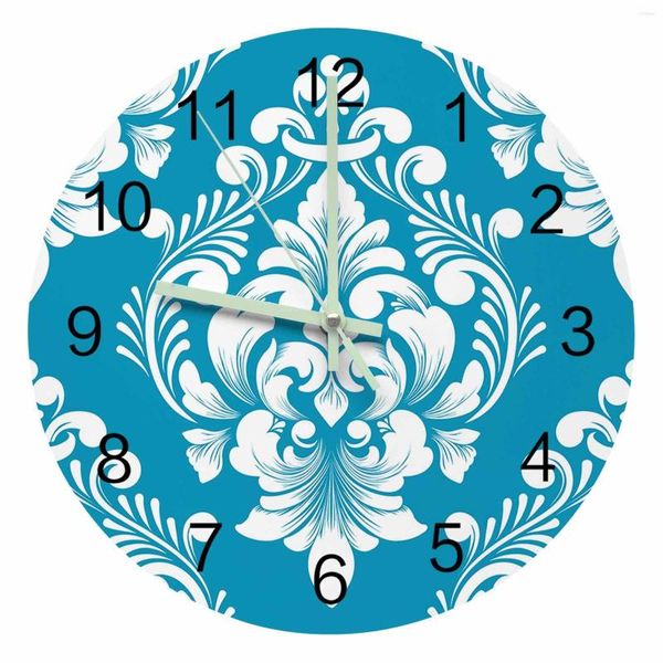 Relógios de parede luxo vintage damask padrão céu azul ponteiro luminoso relógio casa ornamentos redondo silencioso sala de estar decoração