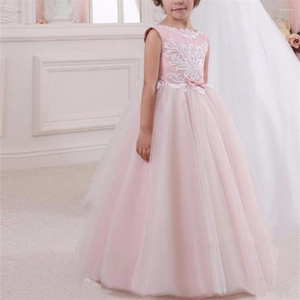 Abiti da ragazza con decalcomania, abito da principessa senza maniche in chiffon con fiori soffici e perline, per il compleanno della prima comunione del bambino