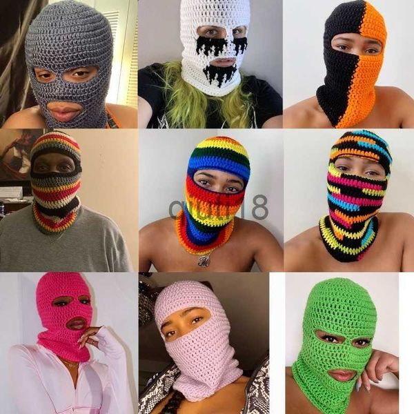 BeanieSkull Caps Moda Máscaras Pescoço Gaiter G6DF Halloween Balaclava Tricotado Balaclava Arco-íris Listrado Balaclava Chapéu Com Capuz Cachecol Tricô Ao Ar Livre Beanie Engraçado P