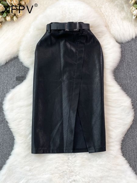 Платье из двух частей XFPV Женское Тонкое с высокой талией средней длины выше колена с разрезом на запахе Черная юбка из искусственной кожи Корейская мода Осень Зима 2023 SM8765 230922