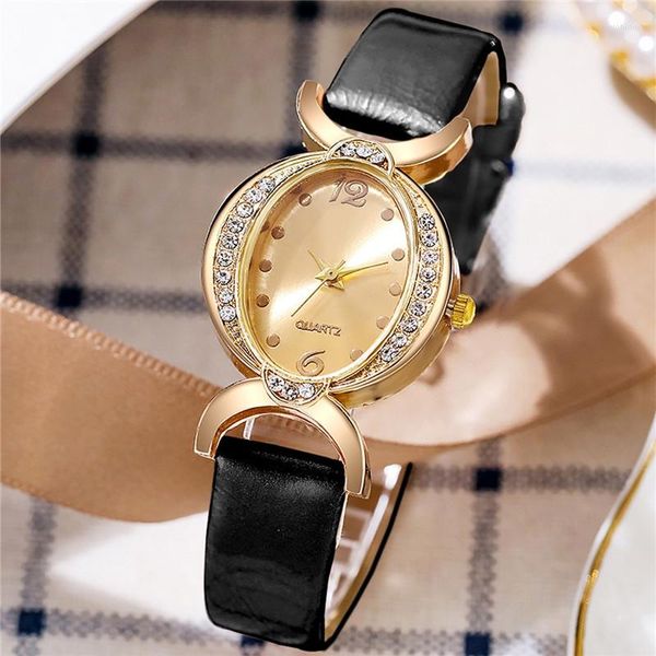 Relógios de pulso de luxo mulheres relógio com diamante inlay caso dourado relógios de quartzo senhoras preto relógio de ouro feminino vintage simples reloj relógio de pulso