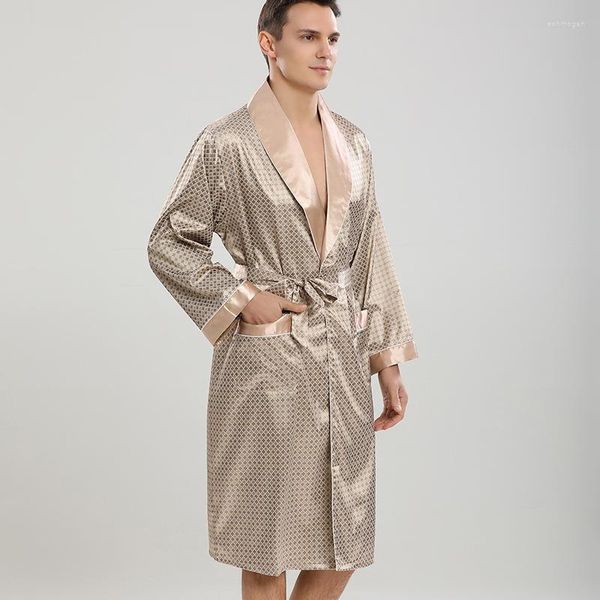 Homens sleepwear homens cáqui cetim impressão roupão com cinto pijama manga longa noite robe bolsos casa roupas