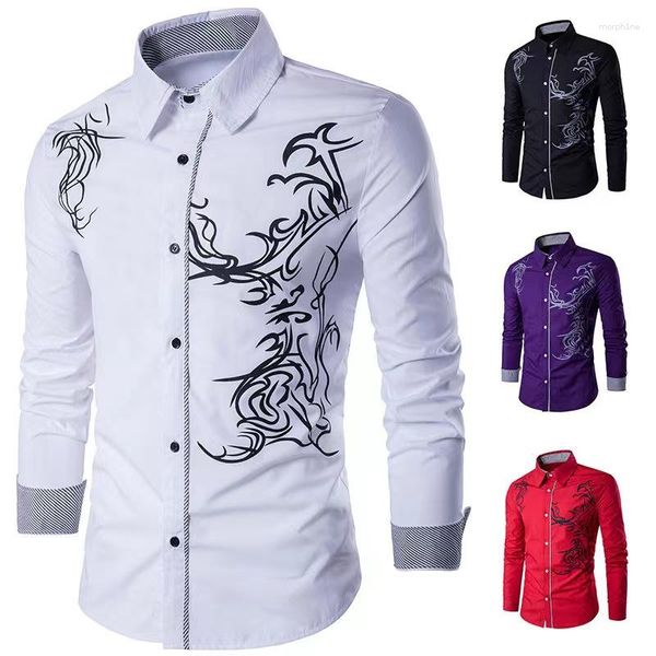 Camisas de vestido masculinas primavera e outono camisa terno lapela material macio e confortável listrado luxo botão de manga longa