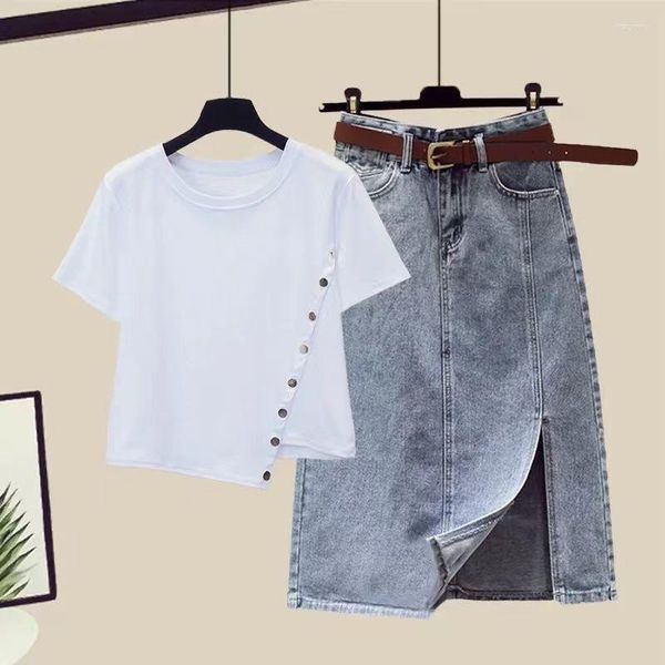 Abiti da lavoro Abbigliamento estivo da donna Completo Moda O Collo T Shirt Gonne di jeans Set Coreano Dolce Gonna a maniche corte Set da 2 pezzi Abiti Q73