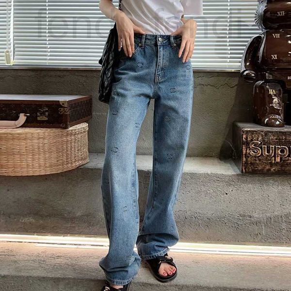 Designer de jeans feminino A versão correta do Xiaoxiangjia 23 clássico diamante prensado a quente feito velho coberto virilha tubo reto jeans de perna larga para mulheres 2GYZ