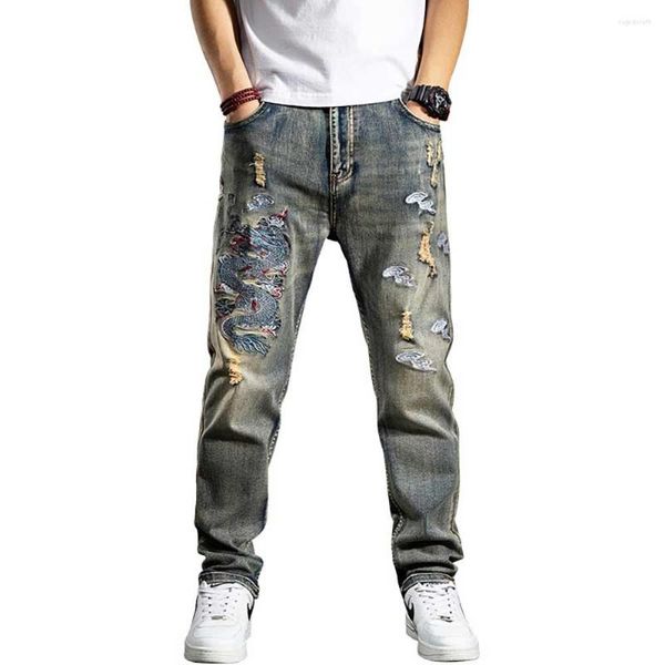 Jeans masculinos na moda bordado retro denim homens casuais rasgados calças retas regulares se encaixa streetwear angustiado roupas plus size