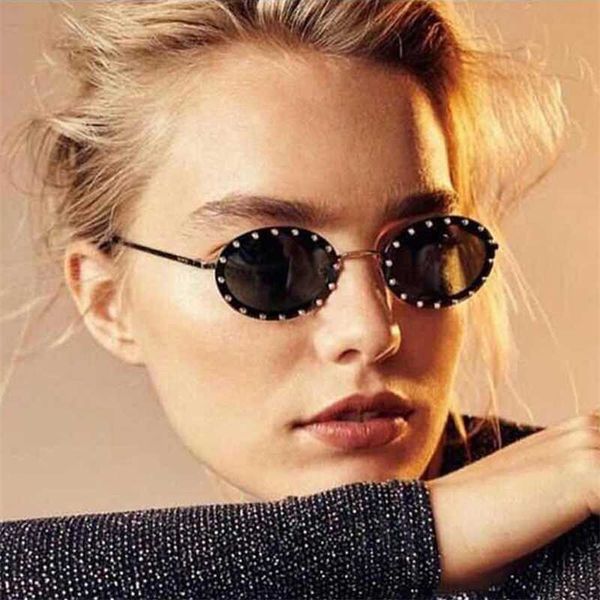 Diamante oval pequenos óculos de sol mulheres marca de luxo designer vintage sem moldura óculos de sol para homens moda plana top tons eyewear 230920