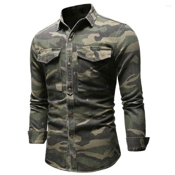 Camicie casual da uomo Camicia di jeans mimetica primavera autunno per uomo Camicetta di jeans larghi a maniche lunghe verde militare