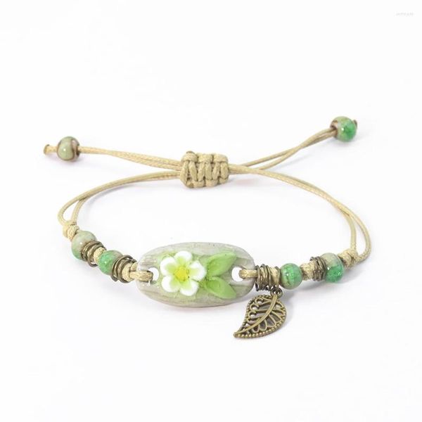 Charm Armbänder Armband Keramik Blume Blatt Anhänger Handgefertigte Porzellanperlen Seilkette Einstellbar Für Frau Mädchen Schmuck Geschenk