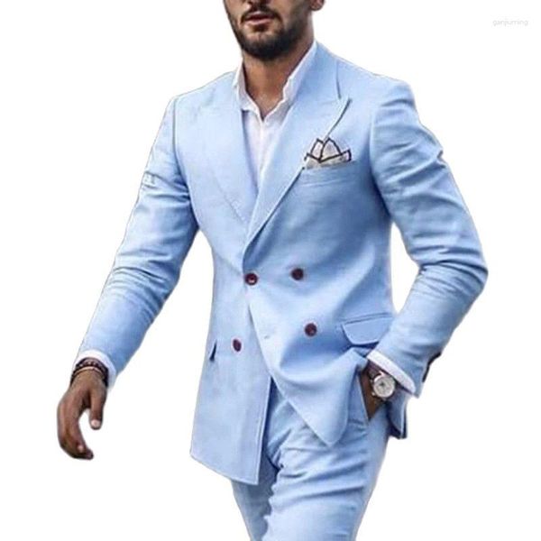 Abiti da uomo 2023 Abbigliamento alla moda per uomo Cielo blu con visiera risvolto doppiopetto uomo affari ufficio formale slim fit usura 2 pezzi