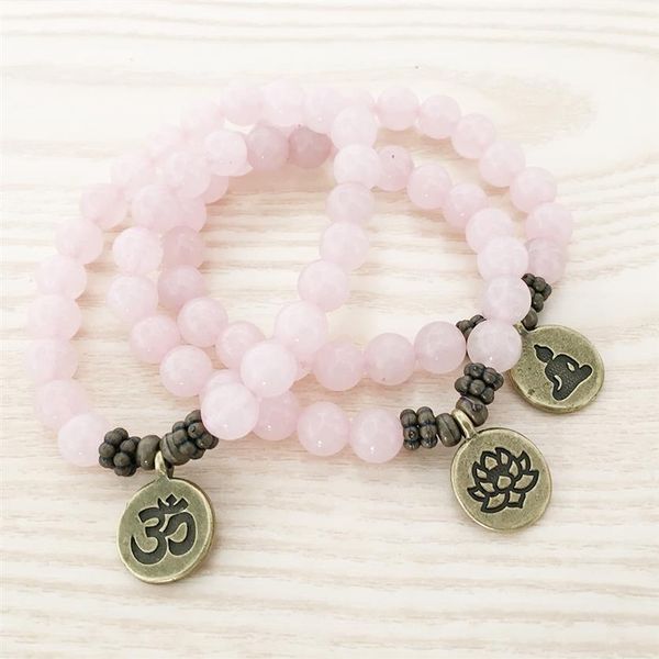 SN1107 Bracciale in vero quarzo rosa in ottone antico Om Buddha Bracciale con ciondolo in loto regalo per lei256h