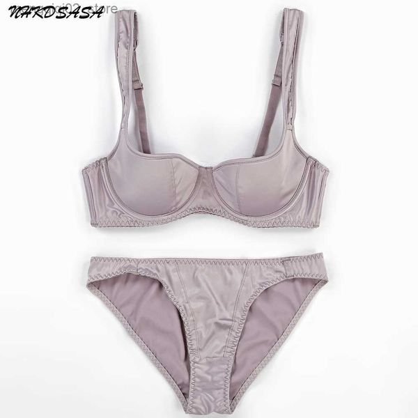 Conjuntos de sutiãs NHKDSASA copo fino sexy suave e traceless conjunto de sutiã feminino alça de ombro larga push up 1/2 meia xícara e calcinha sexy lingerie q230922