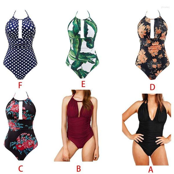 Mulheres Swimwear Mulheres Suze Sexy One Piece Swimsuit Halter Hollow Keyhole V-Pescoço Monokini Ruched Controle de Barriga Floral Polka Dot Impresso Terno