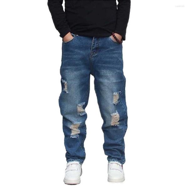 Jeans masculinos rua na moda calças rasgadas harem estilo punk virilha denim solto baggy angustiado homem roupas
