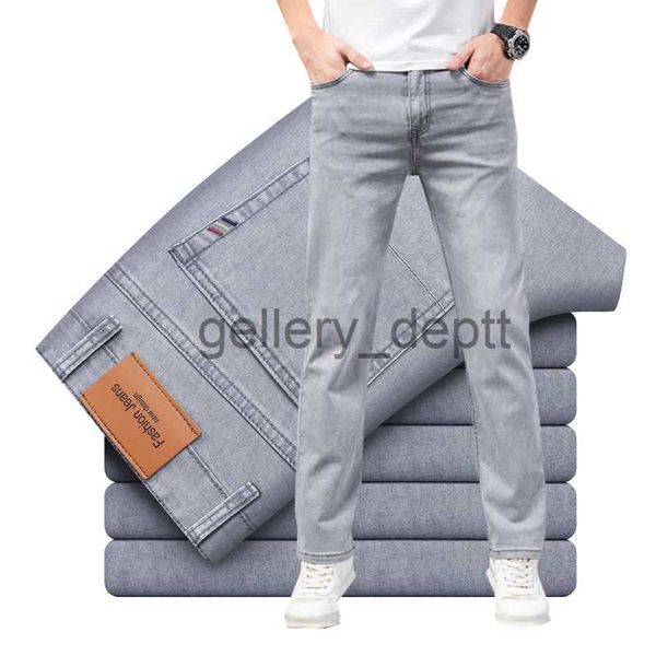 Calças de brim masculinas outono marca masculina ajuste reto leve algodão estiramento jeans negócios casual cintura alta fina luz cinza jeans j230922