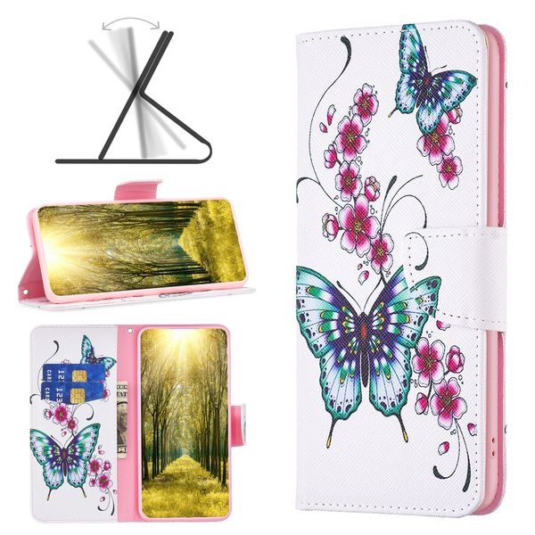 Muster Hüllen für Samsung A35 A55 A05 A15 A25 S23 FE A14 A24 A34 A54 S22 Ultra Plus 4G 5G Brieftasche Leder Blume Schmetterling Handyhülle Capa