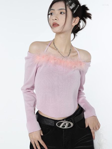 Suéter feminino estilo francês elegante manga comprida malha halter suéter primavera verão slash neck vintage slim feminino pulôver tops