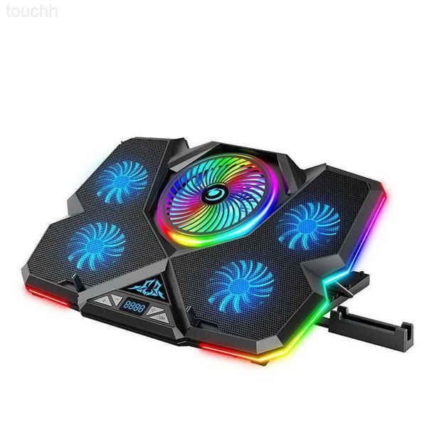 Almofadas de resfriamento para laptop Coolcold Laptop Cooler RGB Gaming Notebook Cool Stand Ergonomia Cinco ventiladores 2 portas USB com tela HD para 14-17 polegadas L230923