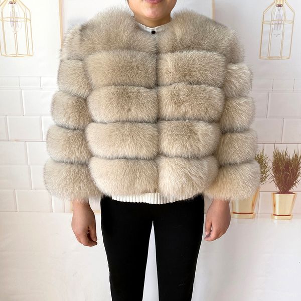 Casaco feminino pele falsa real inverno quente natural de alta qualidade lan moda luxuosa 50cm jaqueta curta atacado 230922