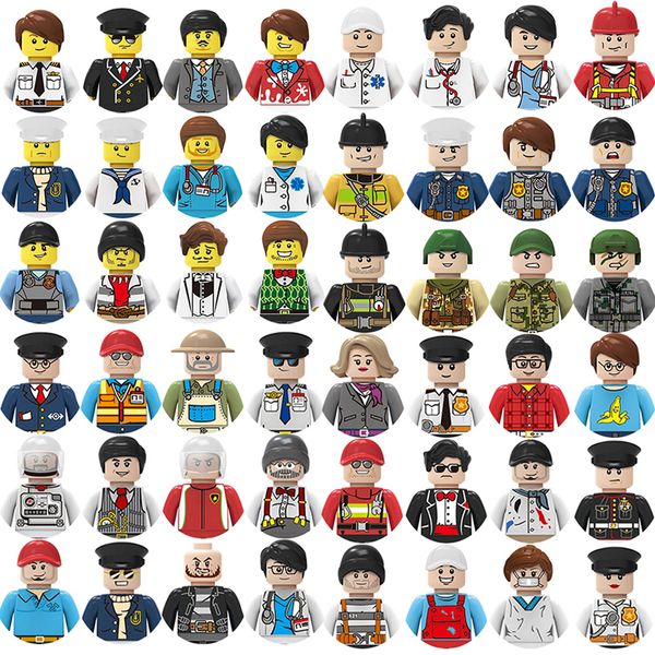 Stadt-Baustein-Spielzeug, verschiedene Mini-Charaktere, Action-Figuren, Arbeiter, Arzt, Student, Polizei, Feuerwehrmann, Pirat, Sportler, Ziegelsteine