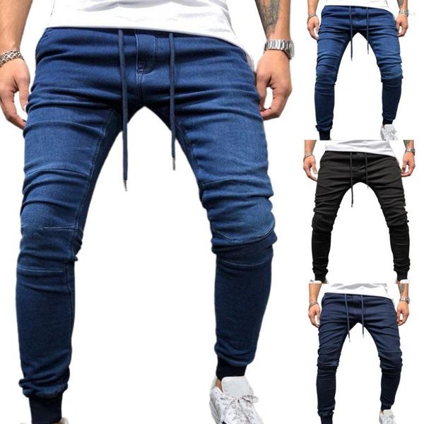 Jeans da uomo Pantaloni in denim moda con cinturino alla caviglia, traspirante, a vita media, elastico, sottile