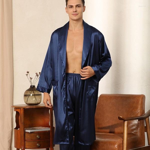 Pijamas masculinos pijamas casuais 2 pçs conjunto homens azul cetim robe solto roupão vestido de manga longa sleewear robepants