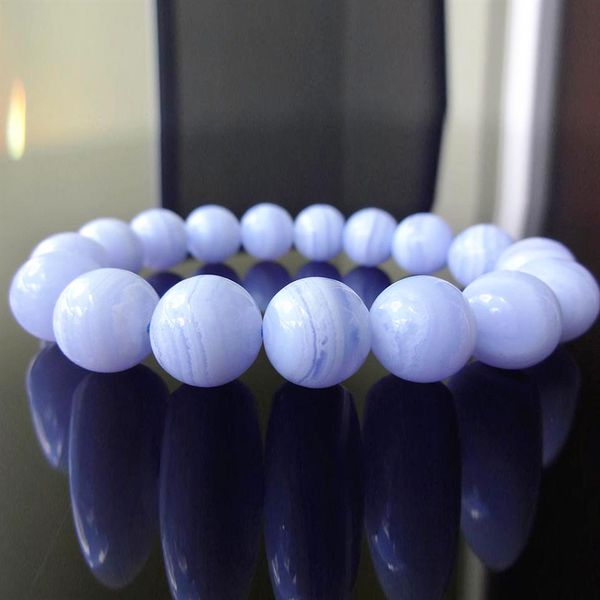 MG1130 Hochwertiges echtes 12 mm blaues Spitzen-Achat-Chalcedon-Perlenarmband für MÄNNER oder FRAUEN, Geschenk für Ihn295I