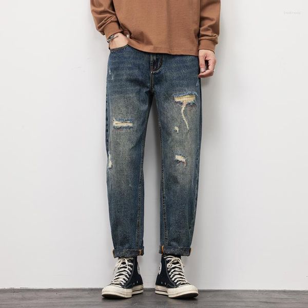 Herren-Jeans, modische Löcher, gewaschen, Retro, für Herrenbekleidung, Selvedge, weites Bein, Denim-Hosen, Distressed-Cargo-Hose, übergroße Freizeitkleidung