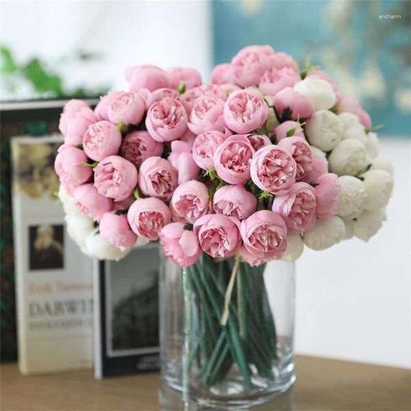 Fiori decorativi 27 teste Peonia artificiale Seta Bouquet di rose da sposa Centrotavola per feste di matrimonio Decorazione Tavola di casa di Natale Fiore finto