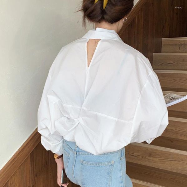 Frauen Blusen Mode Frau Bluse 2023 Korea Chic Backless Falten Dünne Revers einreiher Langarm Hemd Camisas de Mujer