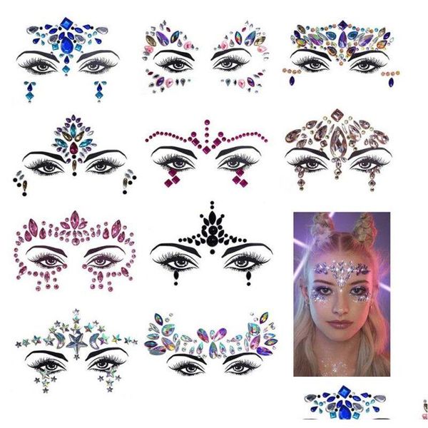 Nail Art Dekorationen Strass Festival Gesicht Juwelen Aufkleber Fake Tattoo Aufkleber Körper Glitzer Tattoos Edelsteine Flash für Musik Party Make Dhkuk