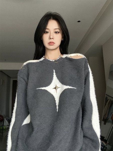 Kadın Sweaters Retro Kontrast Renk Yıldız Kazak Seksi Çöp Boyun Kapalı Omuz Uzun Kollu Üstler Sonbahar Harajuku Moda Y2K Jumpers 230922