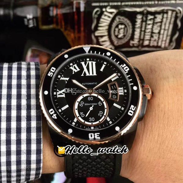 Калибр 42 мм De Dive W2CA0004 Азиатские автоматические мужские часы с черным циферблатом, большой датой, римским знаком, двухцветным корпусом из розового золота, резиновые часы Hel319F