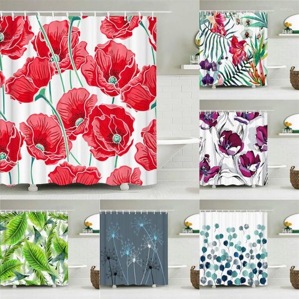 Tenda Fiori colorati di alta qualità Floreale Foglia verde Rosa Tende da doccia impermeabili Plastica trasparente per set da bagno Gancio in tessuto