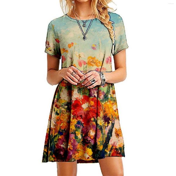 Vestidos casuais feminino estampado em torno do pescoço solto vestido de manga curta v midi para mulheres