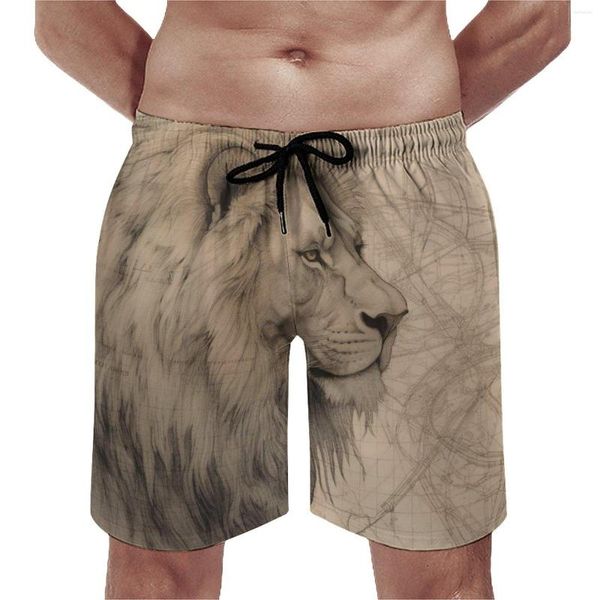 Pantaloncini da uomo Lion Board Disegno a matita Pantaloni corti casual ad alto dettaglio Uomo personalizzato che corre Comodo costume da spiaggia Regalo di compleanno