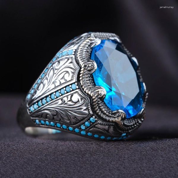 Eheringe 2023 Retro handgemachte türkische für Männer Vintage Metall Silber Farbe eingelegte blaue Zirkon Punk Ring muslimischen Schmuck