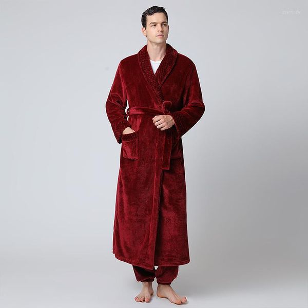 Indumenti da notte da uomo Abito ultra lungo da uomo con pantaloni Flanella invernale Due pezzi Kimono Accappatoio Set Coral Fleece Risvolto Lingerie