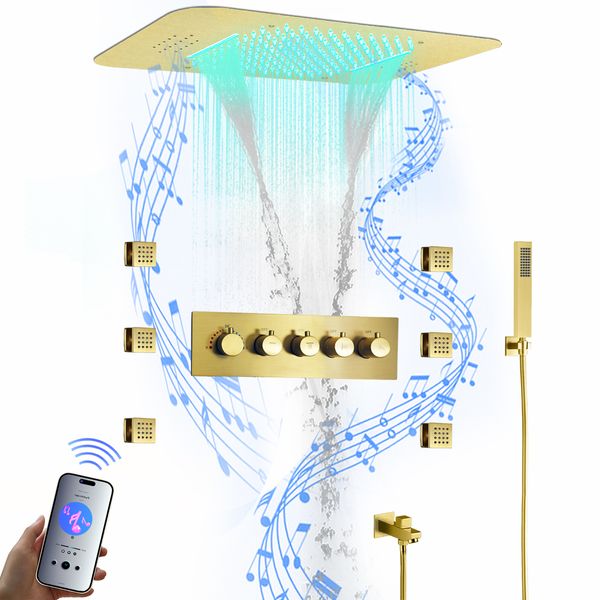 Deckeneingelassener 580 x 380 mm LED-Musik-Duschkopf, Multifunktions-Wasserfall-Regen-Badezimmer-Thermostat-Duscharmatur-Set