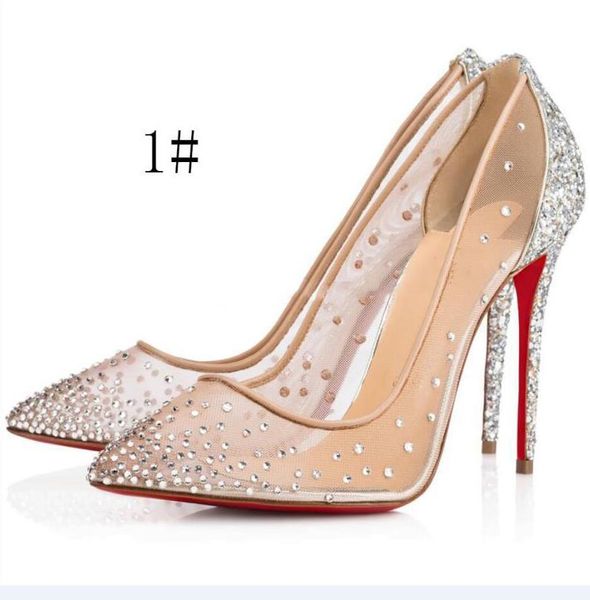 Durchsichtige silberne Bling-Modedesign-Damen-Pumps mit roten Unterteilen und hohen Absätzen, Sommer-Strasssteine, Party, Hochzeit, Stilettos, dünne Absätze, Netzkristalle, spitzer Zehenbereich