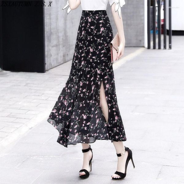 Saias Coreano Split Chiffon Floral Meia Saia Mulheres Cintura Alta Elegante Moda Slim Hip Envoltório Vintage All Match Fishtail