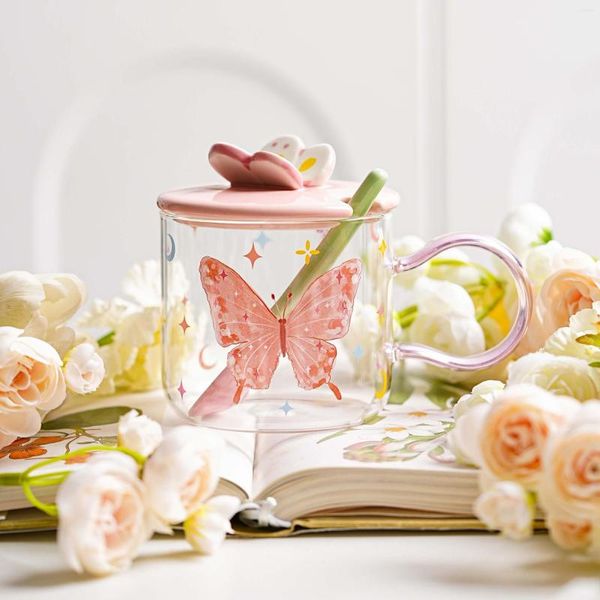 Bicchieri da vino Tazza in vetro a farfalla con coperchio Cucchiaio Modello di fiore creativo Tè Colazione Tazze d'acqua Maniglia Tazza da caffè trasparente per la casa
