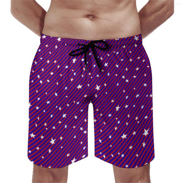 Erkek Şort Yıldızları Baskı Spor Salonu Yaz Mavi ve Kırmızı Çizgiler Moda Tahtası Kısa Pantolon Rahat Tasarım Yüzme Sandıkları
